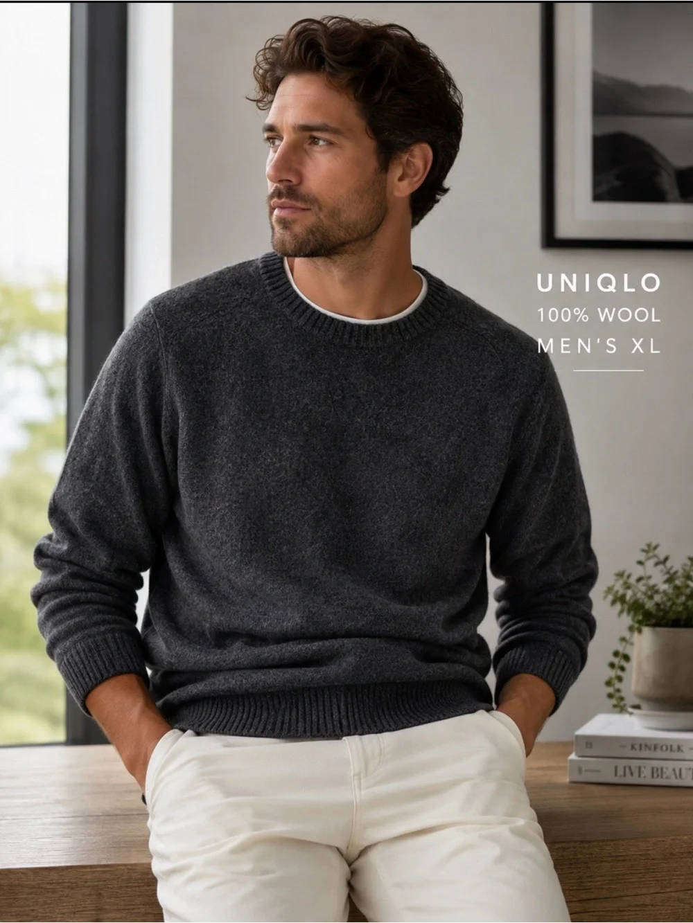 Uniqlo Men’s XL 100% Wool Crewneck Sweater Charcoal Gray Unisex Minimalist Knit